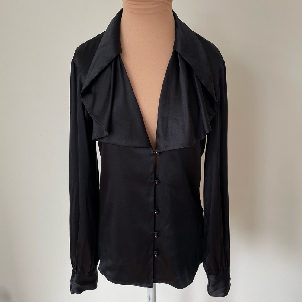 Parker Black Stretch Silk Oversized Ruffle Collar Button Down Blouse EUC Size S